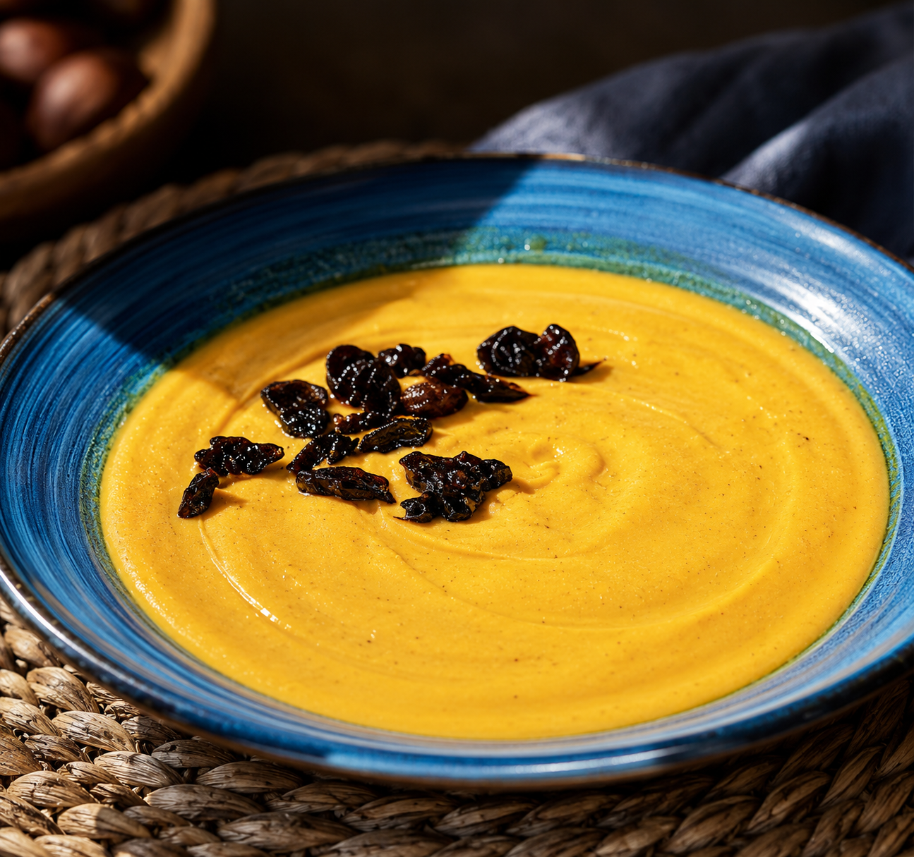 Crema de castanyes servida calenta amb guarnicio de castanya i oli d'oliva
