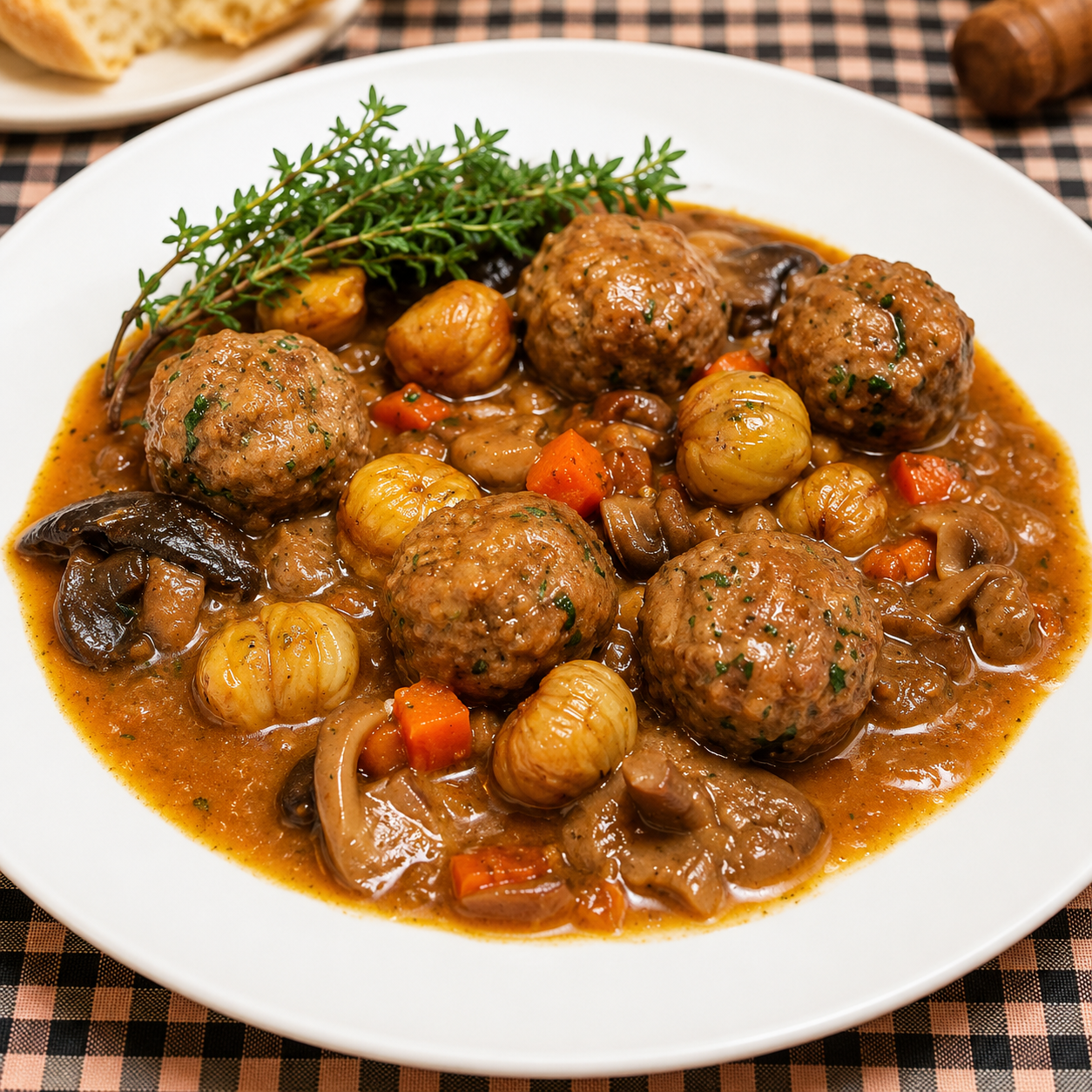 Mandonguilles tendres en salsa de vi ranci amb castanyes i bolets de tardor