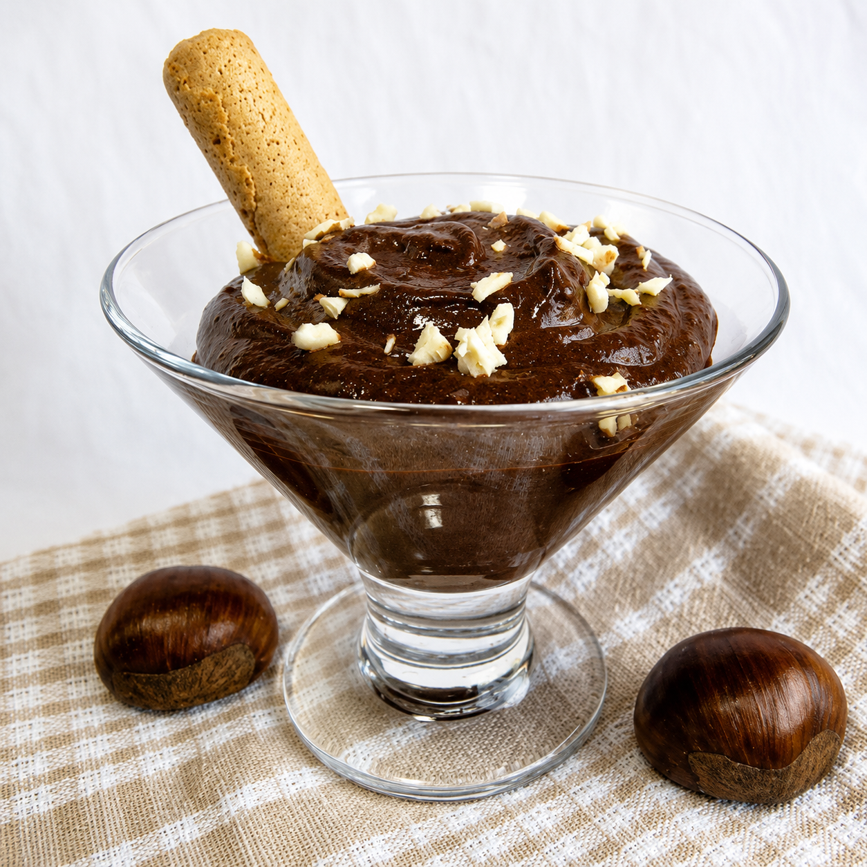 Mousse de castanyes i xocolata negra servida en copes individuals