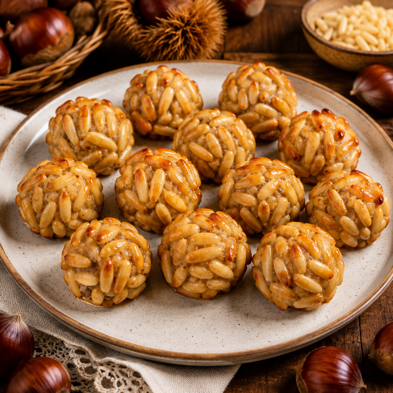 Panellets de castanya amb pinyons daurats al forn