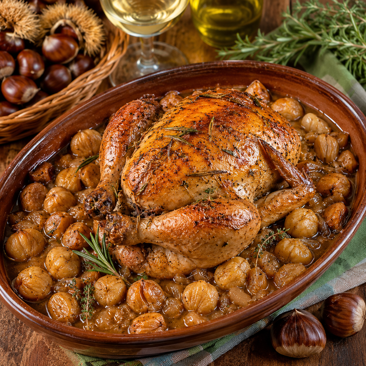 Pollastre rostit al forn amb castanyes, herbes aromatiques i la seva salsa de cocció
