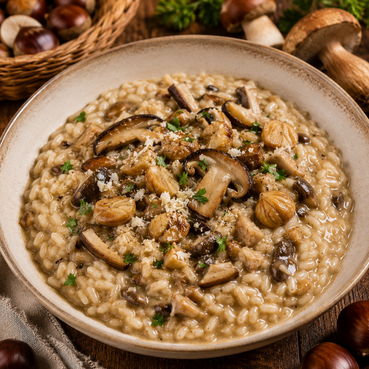 Risotto cremos de castanyes i bolets de temporada acabat amb parmesa